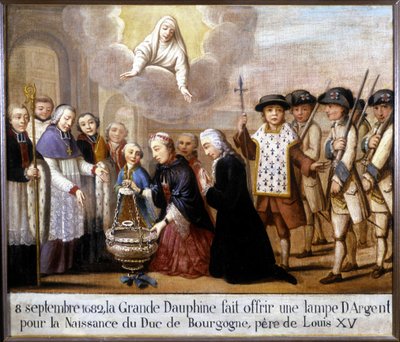 1682 年 9 月 8 日、偉大なイルカはブルゴーニュ公 (ルイ・ド・フランス) の誕生に銀のランプを提供しました。 作： Unknown artist