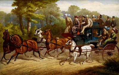 ダービーに向かう途中。ダービーに行く馬に引っ張られた辻馬車とオムニバス 作： Unknown artist