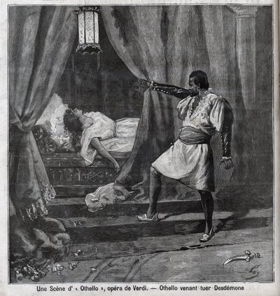オセロはベッドでデスデモーネを殺したばかり。ジュゼッペ・ヴェルディ(1813-1901)のオペラ「オセロ」の一場面 「Le Parisien」誌に掲載された版画 作： Unknown artist