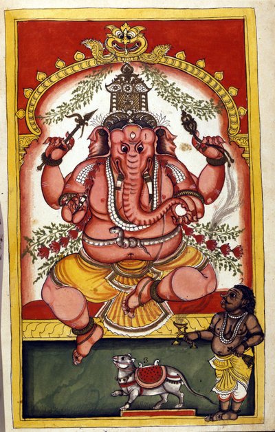 商人、旅行者、盗賊の守護神であるヒンドゥー教の神ガネーシャ（Ganesh or Ganapati）を描いたページ。Stefano Nivibus Cardeiraの写本（ms.8300）「Mogolの歴史」（MoghulまたはMoghol）から抜粋したページ。18世紀。ヴェネツィア、ビブロテカ・マルチアーナ 作： Unknown artist