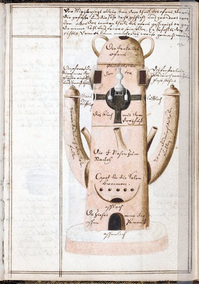 錬金術のノートのページ、錬金術の機械 - Johann Grasshoff (Grasshof または Grasse) (1560-1623) の作品、1620 年頃の羊皮紙の水彩画 (14.6x10 cm) - (錬金術のノート、J .Grasshoff による羊皮紙の水彩画、c .1620) - イェール大学、 作： Unknown artist