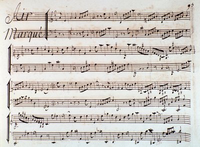 ラモー作の抒情的な悲劇「カストールとポリュックス」の楽譜のページ（1737年 作： Unknown artist
