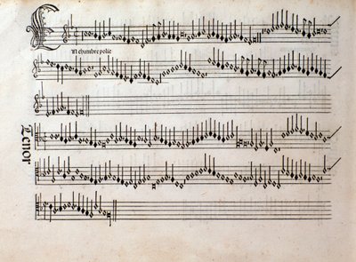オッタビアーノ・ペトルッチの「Harmonice Musices Odhecaton」（1501年）の楽譜のページ。 作： Unknown artist