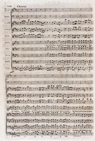 イギリスに帰化したドイツ人作曲家ジョージ・フレデリック・ヘンデル（Georg Friedrich Handel）の「The messiah」（救世主）の合唱曲「ハレルヤ」の楽譜のページ 作： Unknown artist