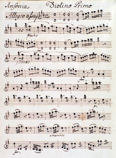 モーツァルト（1765）の交響曲第4番ニ調の第1ヴァイオリン用楽譜のページ。 作： Unknown artist