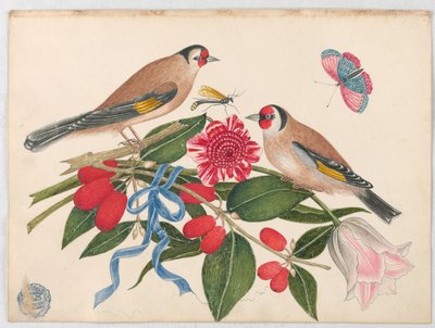 花、果実、蝶を持つ茶色の鳥のペア 作： Unknown artist