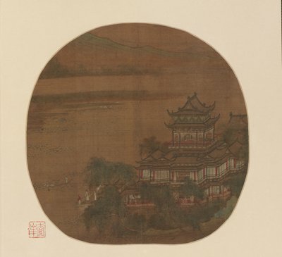湖と遠くの丘のそばの宮殿 作： Unknown artist