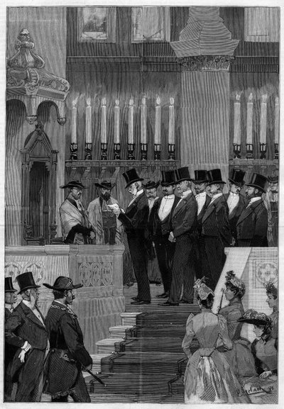 1890年のパリ。ザドック・カーン（Zadoc-Kahn）（1839 -1905）フランスの大ラビの就任。推薦状を読み上げるムッシュー・アルフォンス・ド・ロスチャイルド（1827 -1905）。 作： Unknown artist