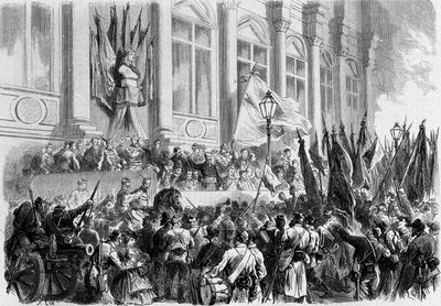 パリ、ラ・コミューン：1871年3月26日、オテル・ド・ヴィル広場で行われた住民投票の結果を宣言する。 作： Unknown artist