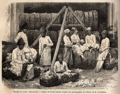 ボンベイの綿花市場のパルシー族の商人たち。アルフレッド・グランディディエが1862年から1864年に行ったインドの子午線地域での航海を説明するためのエングレーヴィング（Edouard Charton編『Le tour du monde』1869年、アシェット版、Par 作： Unknown artist