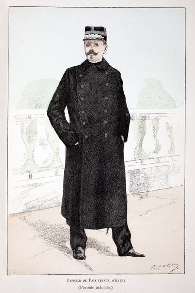 ピースオフィサー、冬服（Lepine期）。アルフレッド・レイ(1864-?)とルーがセーヌ川警部のルイ・ルピーヌ(1846-1933)の後援で出版した本「平和の戦士たちの歴史」の挿絵のためのカラー・エッチング。 作： Unknown artist