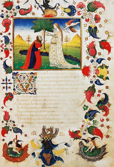 フランチェスコ・ペトラルカ（1304-1374）の『Trionfi』のソネット「音を聞く者よ」の序文で、キューピッドの矢を受け、月桂樹の冠をかぶったペトラルカ、15世紀の写本の照らされたページ 作： Unknown artist