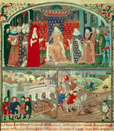 フィリップ・ザ・ベル・トルナン（1268-1314）の耕作シーンと商人シーン。Gilles de Rome（v.1247-1316）の「Livre du régime des princes」のミニチュア、パリ、B N 作： Unknown artist