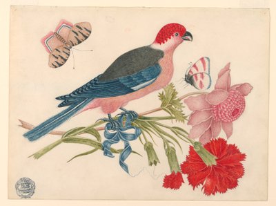 花と蝶と枝にピンク、赤、青、および黒の鳥 作： Unknown artist