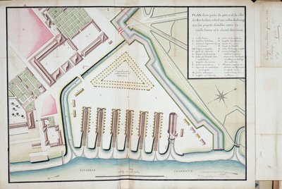 ロシュフォールの港と町の一部の平面図で、旧水路と食道の間に計画されている座礁跡に関するもの。 作： Unknown artist