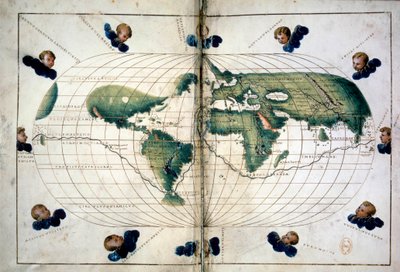 Planisphere（または世界地図）。1543年頃のバッティスタ・アグネーゼ（1500-1564）のアトラスに掲載された地理図。パリ、B.N. 作： Unknown artist