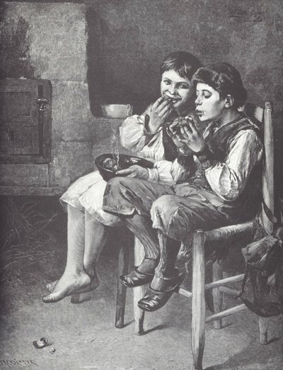 貧しい少年たちの食事風景 19世紀後半（木版画 作： Unknown artist
