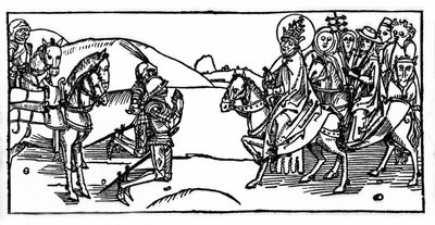 教皇レオ1世がアッティラと出会い、止めを刺す - Voragine（1228-1298）のJacobus（James）による "Leben der Heiligen - sommerteil"（聖者の書）からのエングレーヴィング。リュベック1488年 作： Unknown artist