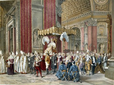 教皇ピウス9世(1792-1846)は、1869年12月08日にサンピエトロ大聖堂で行われた第1回バチカン公会議の開会式に赴きました。Sedia Gestatoriaに掲載されています。この時代のイラスト。 作： Unknown artist