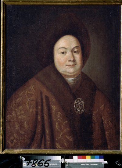 ロシアのピョートル 1 世の妻、ツァリナ エウドクシア フェオドロフナ ロプヒナ (1669-1731) の肖像 (ロシアのツァーリ ピョートル 1 世の妻、ツァリナ エヴドキヤ フョードロヴナ ロプヒナの肖像)。 匿名の絵。 キャンバスに油彩、80 x 63 cm、18 世紀初頭。 st 作： Unknown artist