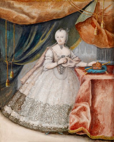 長いレースのドレスを着たオーストリア皇后マリー・テレーズ (1717-1780) の肖像画。 匿名の作品、羊皮紙に水彩、1740 年頃。オーストリアの芸術 作： Unknown artist