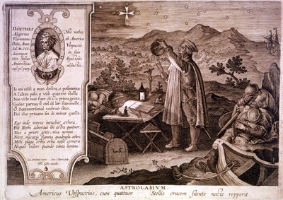 イタリアの航海士アメリゴ・ヴェスプッチ(1454 - 1512)の肖像が、アストロラーベを使いながら表現されています。左側の箱にはダンテ・アリギエーリの肖像と『神曲』の煉獄の歌の第一節が描かれています。18世紀のエングレーヴィング 作： Unknown artist