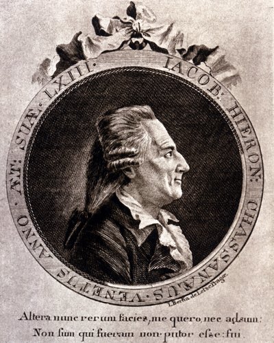 カサノヴァ（1725 - 1798）の肖像 - Dux en Bohemiaで書かれた『Histoire de ma fuite des prisons de la République de Venice』に掲載されている表紙の肖像。 作： Unknown artist