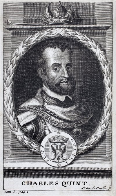 スペインとスペイン領アメリカの王、シチリアの王、神聖ローマ帝国ゲルマン皇帝（1519-1556年）であるシャルル5世（1500-1558年）の肖像。フラミアヌス・ストラーダ著『フランドル戦争史』の挿絵、ジョセフ・T・セルステヴァンス版 作： Unknown artist