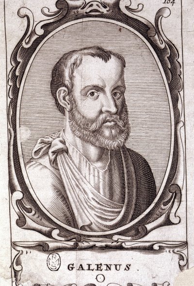 ギリシャの医師クロード・ガリエン（Klaudios Galenos or Claudio Galeno or Claudius Galenus or Galen, v. 131 - v. 201）の肖像。18世紀のエングレーヴィング。 作： Unknown artist