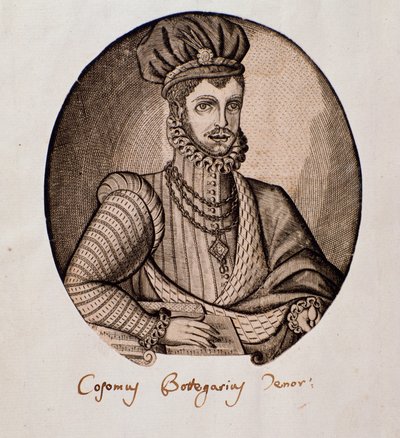 コジモ・ボッテガリ（1554-1620）の肖像 イタリアのルーテン奏者・作曲家 エングレーヴィング。17世紀 ボローニャ、civico museo bibliografico musicale 作： Unknown artist
