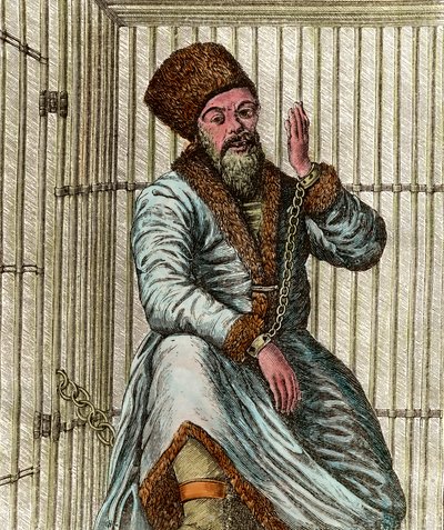 1773～1775年のロシア農民戦争におけるコサックの指導者、エメリアン・イワノヴィチ・プガチョフ（イェメリアンまたはエミリアン・プガチョフ）（1742～1775年）の肖像（ヤイーク・コサックのジャクリー） 檻に幽閉され、民衆に見せる姿 作： Unknown artist