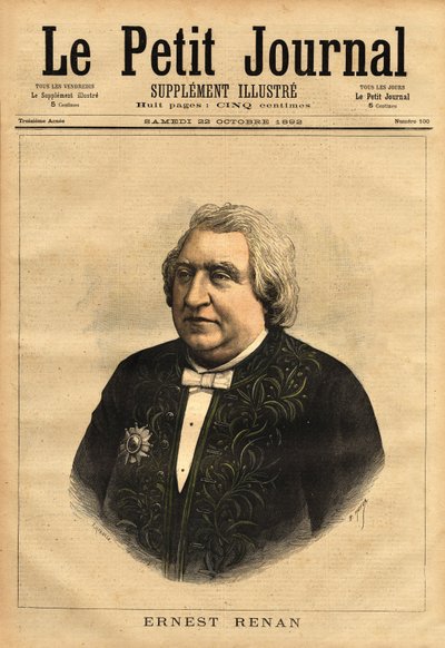 作家、言語学者、哲学者、歴史家であるアーネスト・ルナン（1823-1892）の肖像。イエスの伝記を普通の人間の伝記に変え、聖書を批判的に読まなければならないという論争を含んだ『イエスの生涯』の著者として知られる。 作： Unknown artist