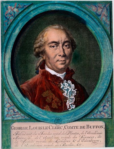 フランスの博物学者・作家であるビュフォン伯爵ジョージ・ルイ・ル・クレール（1707-1788）の肖像。18世紀のエングレーヴィング。個人蔵。 作： Unknown artist