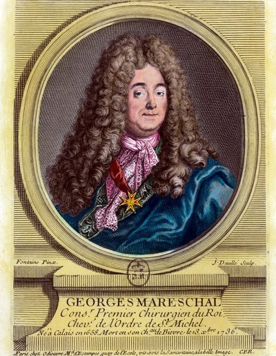 1703年から1719年まで国王の第一外科医を務めたジョルジュ・マレシャル（1658 - 1736）の肖像。18世紀のエングレーヴィング。個人蔵。 作： Unknown artist