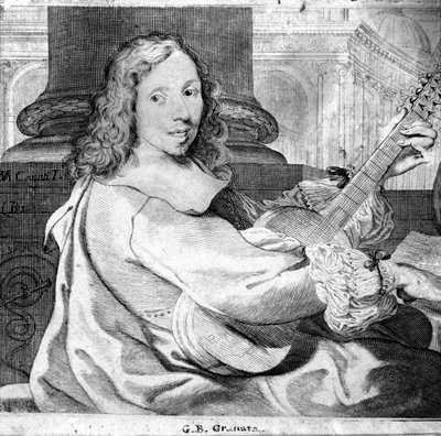 Giovanni Battista Granata (1620/21-1687) イタリアのギタリスト、作曲家の肖像 エングレーヴィング。ボローニャ、シビコ・ミュゼオ・ミュージック 作： Unknown artist