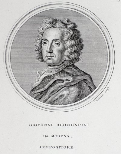 イタリアのバロック音楽の作曲家、チェリストであるジョヴァンニ・バッティスタ・ボノンチーニ（1670-1747）の肖像 エングレーヴィング。18世紀ボローニャ、市民書誌学博物館 作： Unknown artist