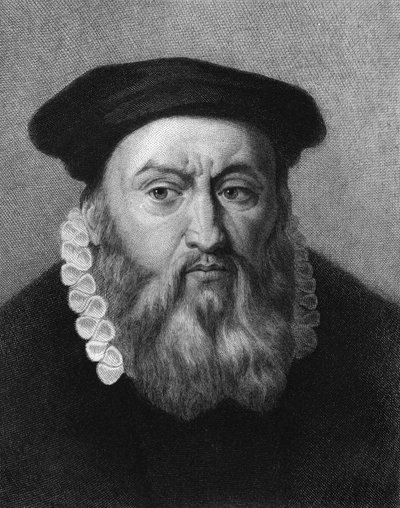 フランスの宗教改革者・作家であるジャン・カルヴァン（1509～1564年）の肖像 - ラヴァレの『フランス史』に掲載されている、n.d.のエングレーヴィング。 作： Unknown artist