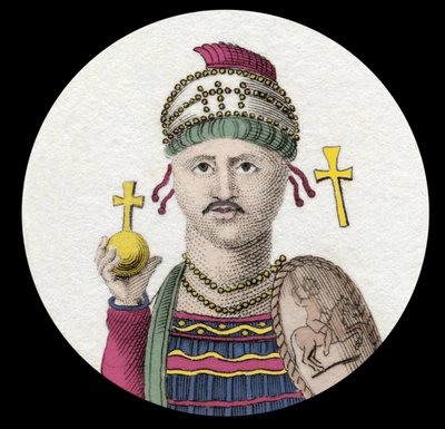 ユスティニアヌス1世（大帝）の肖像（Flavius Petrus Sabbatius Justinianus）（482-565）。オリエントのローマ皇帝。19世紀のエングレーヴィング。 作： Unknown artist