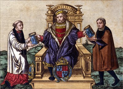 イングランド王ヘンリー8世（1491年〜1547年）が玉座につき、2人の廷臣に聖書を発している肖像。カラー・エングレーヴィング。 作： Unknown artist