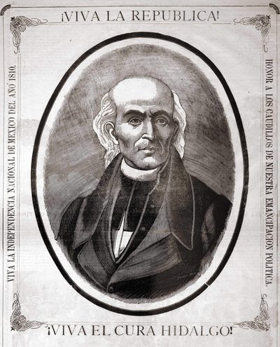 メキシコの司祭（1810年に独立を宣言）、ミゲル・イダルゴ・イ・コスティージャ（1753-1811）の肖像。19世紀末に彼を讃えて作られた版画。 作： Unknown artist