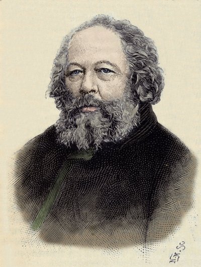 ロシアの無政府主義者、ミハイル・アレクサンドロヴィチ・バクーニン（Bakunin）（1814-1876）の肖像。 作： Unknown artist