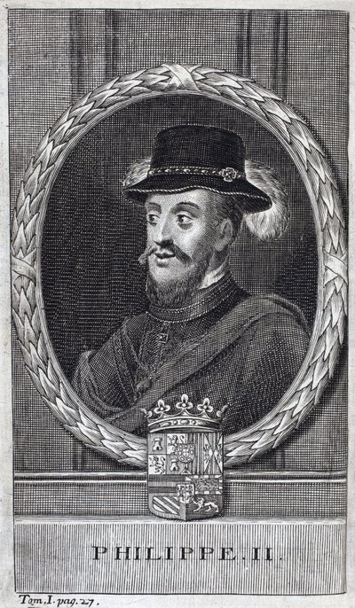 スペインとポルトガルの王、スペインのフィリップ2世（フェリペ）（1527-1598）の肖像。フラミアヌス・ストラーダ著『フランドル戦争史』の挿絵、ジョセフ・テルステヴェンス版 作： Unknown artist