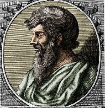 ギリシャの数学者・哲学者、ピタゴラス（紀元前570年頃〜紀元前480年頃）の肖像。18世紀のエングレーヴィング 作： Unknown artist