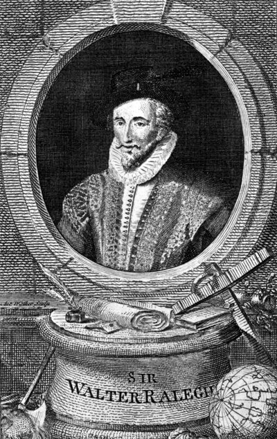 ウォルター・ローリー卿（1554 - 1618）の肖像。18世紀のエングレーヴィング。 作： Unknown artist