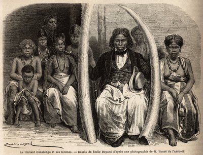 アフリカの象牙商人の肖像、その妻たちを囲む。エミール・バヤール（1837-1891）が、1861年から64年にかけてのグリフォン・デュ・ベレー医師のガボンへの旅を説明するために描いたもの。エドゥアール・シャルトン編『Le tour du monde』に掲載された版画。 作： Unknown artist