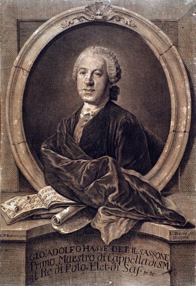 イギリスの作曲家ヨハン・アドルフ・ハッセ（1699-1783）の肖像 エングレーヴィング。18世紀ボローニャ、市民音楽博物館 作： Unknown artist