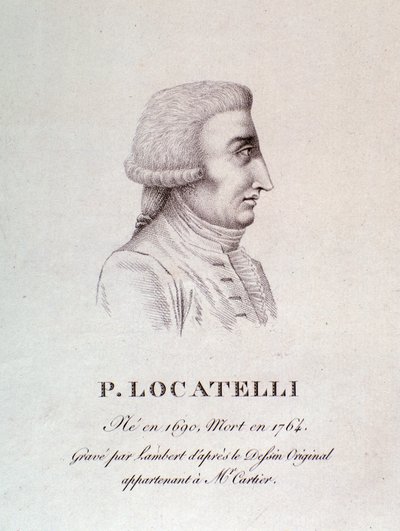 イタリアのヴァイオリニスト兼作曲家ピエトロ・ロカテッリ（1695-1762）の肖像 エングレーヴィング。18世紀ボローニャ市立音楽博物館 作： Unknown artist