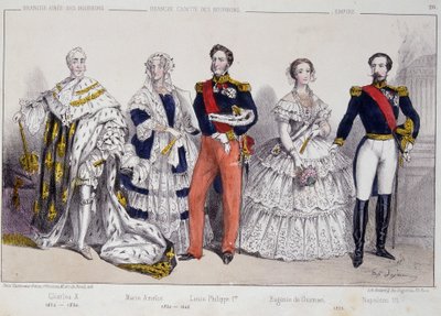 ブルボン家の肖像。左から右へ。シャルル10世（1757-1836）、マリー・アメリ（1782 - 1866）、ルイ・フィリップ1世（1773-1850）、ウジェニー・ド・グズマン（1826-1920）、ナポレオン3世（1808-1873）。 作： Unknown artist