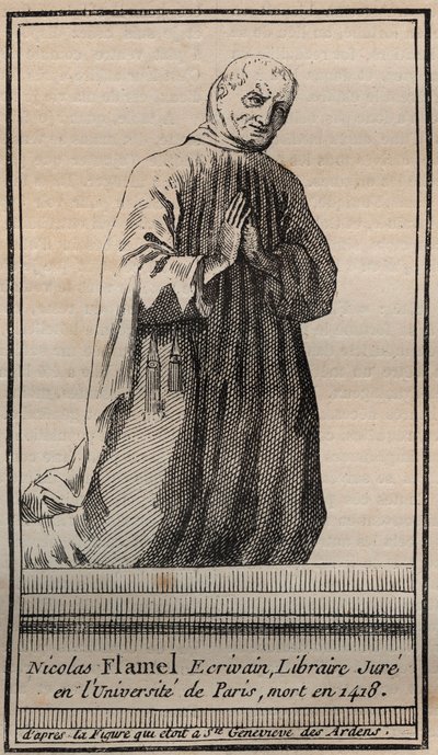 フランスの錬金術師ニコラ・フラメル（1330-1418）の肖像 - エングレーヴィング - 英国の錬金術師ニコラ・フラメルの肖像 - エングレーヴィング 個人蔵 作： Unknown artist