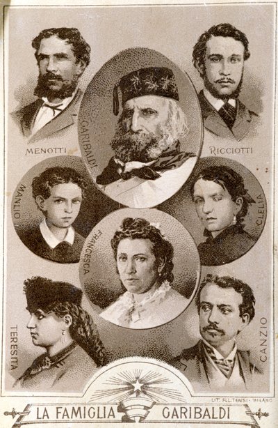 リソルジメントの愛国者ジュゼッペ・ガリバルディ（1807-1882）とその家族の肖像。メノッティ、リッチョッティ、テレシタの息子アニタ、テレシタの妻ステファノ・カンツィオ、3番目の妻フランチェスカ・アルモシーノとその子供たちfigli Clel 作： Unknown artist
